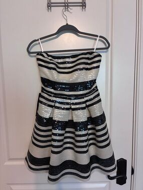 bebe Black and White Striped Sequin Party Dress